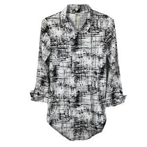 Comfy USA Shirt Dress Tunic Size M White Black Abstract Print Bubble Hem Artsy